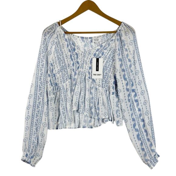 NWT True Craft Blouse Womens XL Blue Boho Cottagecore Geometric Peplum Peasant - Picture 1 of 6